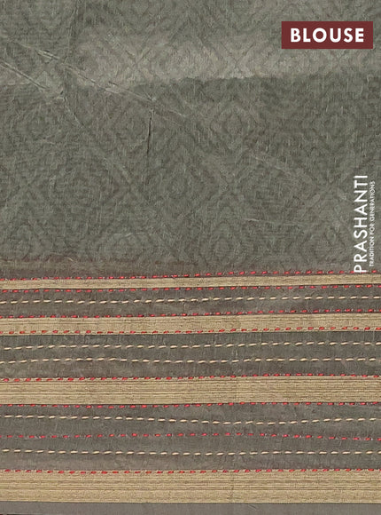 Semi tussar saree sap green with allover floral prints and kantha stitch work border