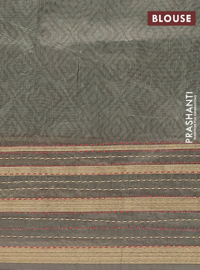 Semi tussar saree sap green with allover floral prints and kantha stitch work border