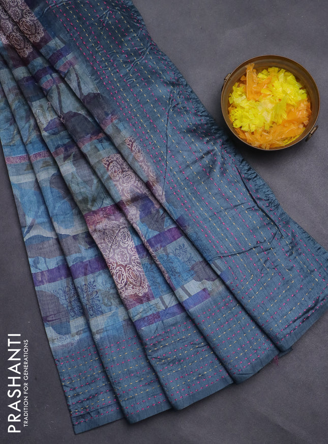 Semi tussar saree pastel blue and peacock blue with allover prints and kantha stitch work border