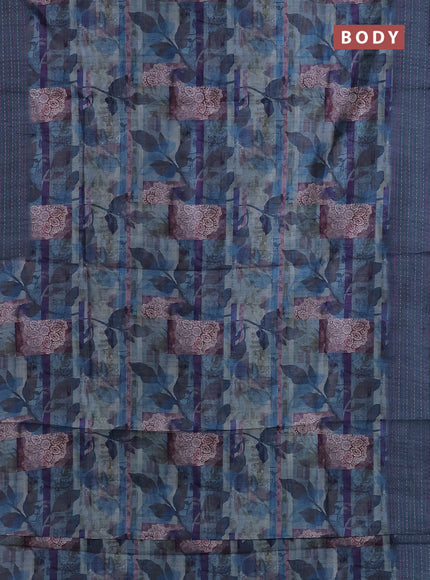 Semi tussar saree pastel blue and peacock blue with allover prints and kantha stitch work border