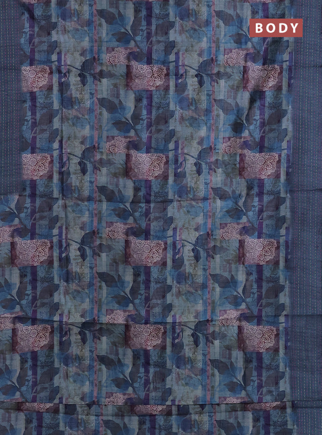 Semi tussar saree pastel blue and peacock blue with allover prints and kantha stitch work border