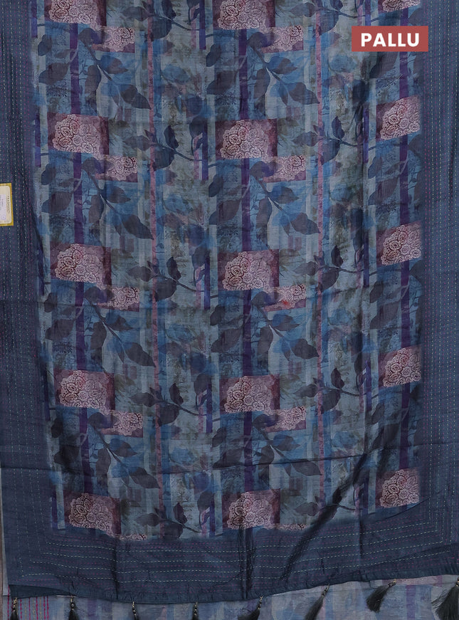 Semi tussar saree pastel blue and peacock blue with allover prints and kantha stitch work border