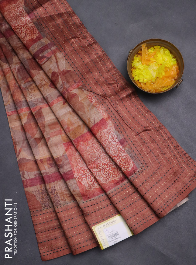 Semi tussar saree pastel brown and brown with allover prints and kantha stitch work border