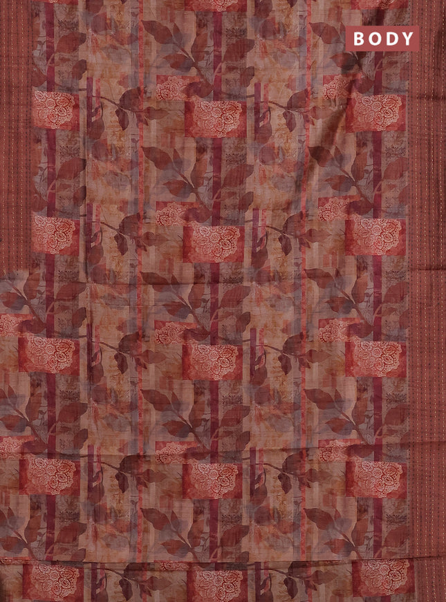 Semi tussar saree pastel brown and brown with allover prints and kantha stitch work border