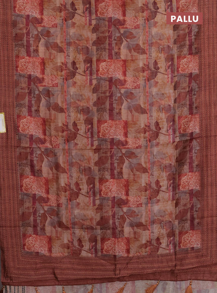 Semi tussar saree pastel brown and brown with allover prints and kantha stitch work border