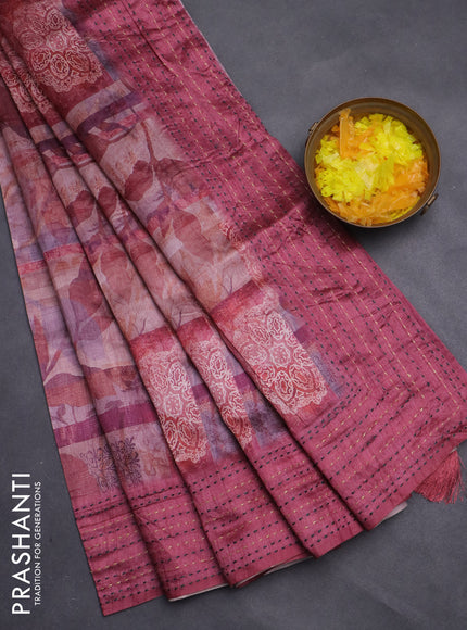 Semi tussar saree multi colour and maroon with allover prints and kantha stitch work border