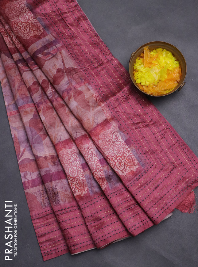 Semi tussar saree multi colour and maroon with allover prints and kantha stitch work border