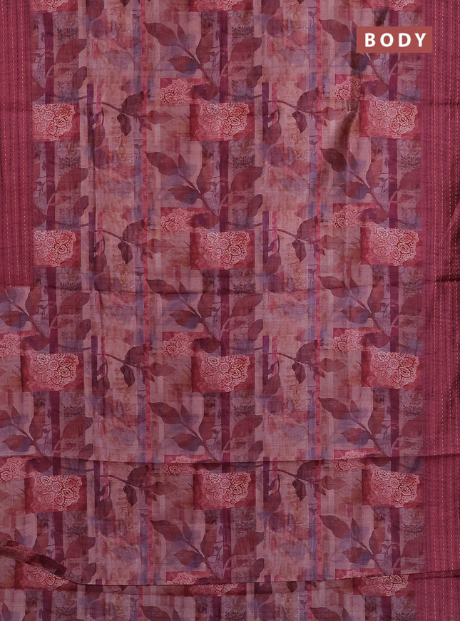 Semi tussar saree multi colour and maroon with allover prints and kantha stitch work border