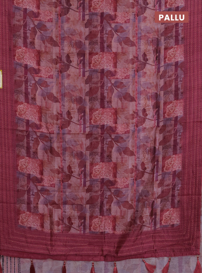 Semi tussar saree multi colour and maroon with allover prints and kantha stitch work border