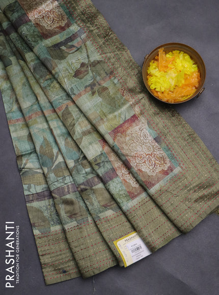 Semi tussar saree green shade and sap green with allover prints and kantha stitch work border