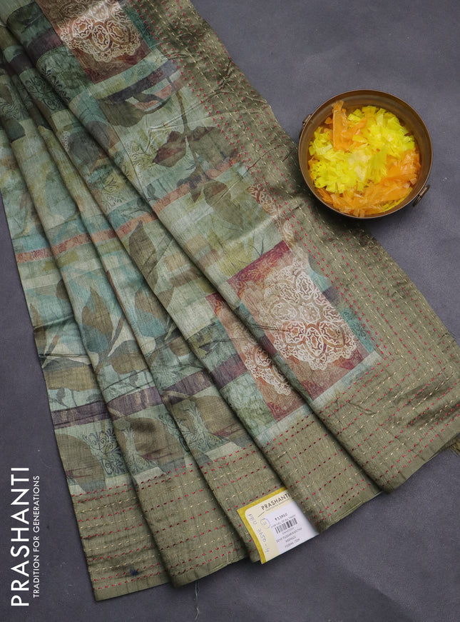 Semi tussar saree green shade and sap green with allover prints and kantha stitch work border