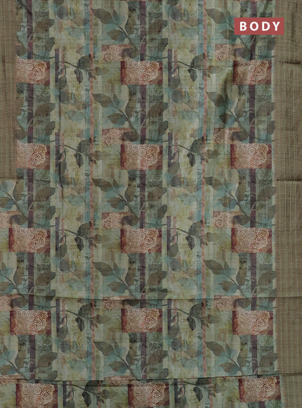 Semi tussar saree green shade and sap green with allover prints and kantha stitch work border