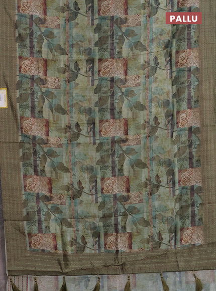 Semi tussar saree green shade and sap green with allover prints and kantha stitch work border