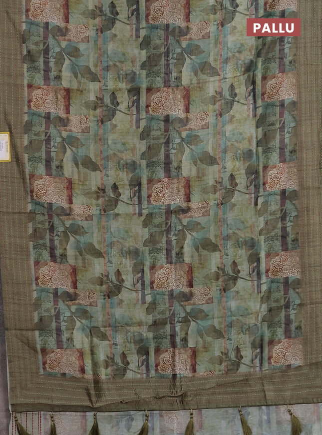 Semi tussar saree green shade and sap green with allover prints and kantha stitch work border