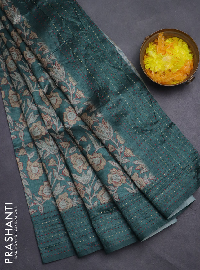 Semi tussar saree green with allover kalamkari prints and kantha stitch work border