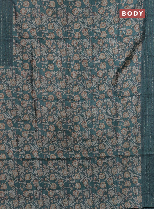 Semi tussar saree green with allover kalamkari prints and kantha stitch work border