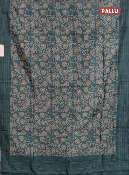 Semi tussar saree green with allover kalamkari prints and kantha stitch work border