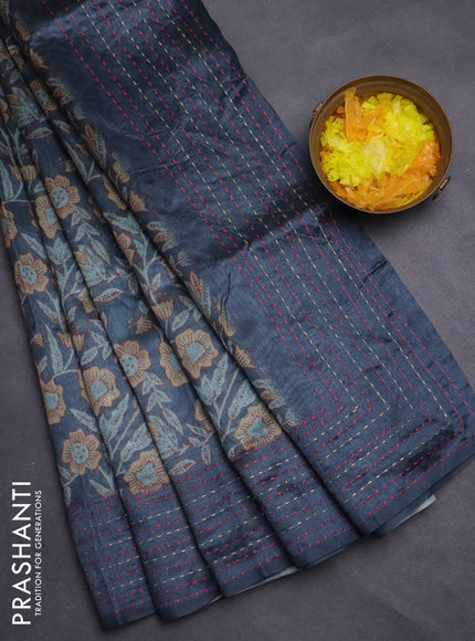 Semi tussar saree peacock blue shade with allover kalamkari prints and kantha stitch work border