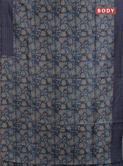 Semi tussar saree peacock blue shade with allover kalamkari prints and kantha stitch work border