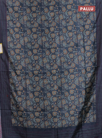 Semi tussar saree peacock blue shade with allover kalamkari prints and kantha stitch work border