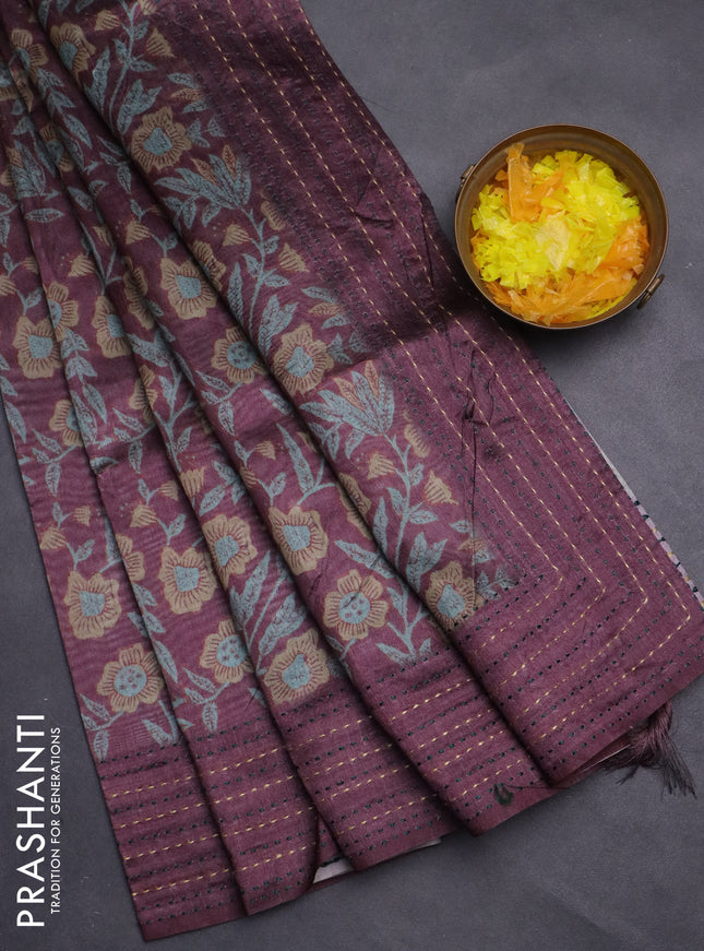Semi tussar saree wine shade with allover kalamkari prints and kantha stitch work border