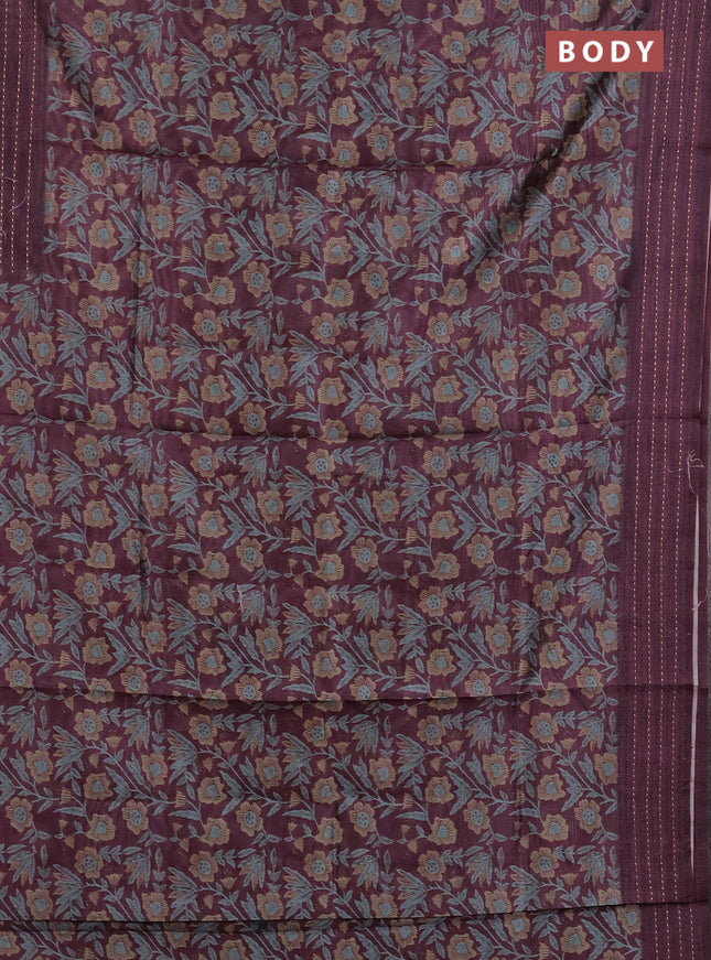 Semi tussar saree wine shade with allover kalamkari prints and kantha stitch work border