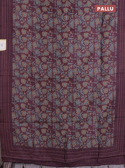 Semi tussar saree wine shade with allover kalamkari prints and kantha stitch work border
