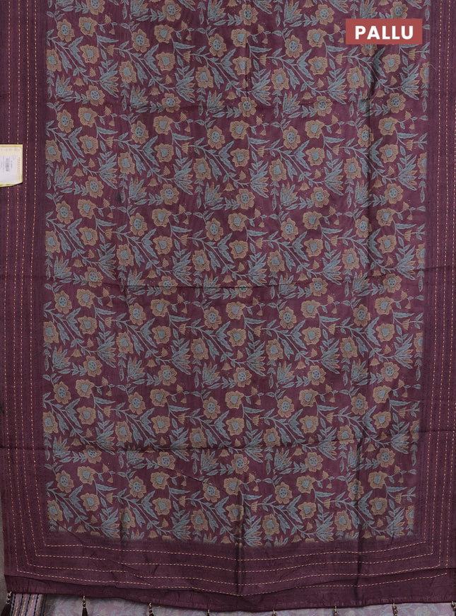 Semi tussar saree wine shade with allover kalamkari prints and kantha stitch work border