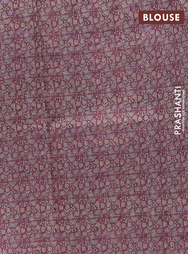 Semi tussar saree wine shade with allover kalamkari prints and kantha stitch work border