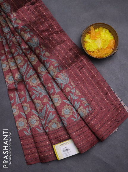 Semi tussar saree maroon with allover kalamkari prints and kantha stitch work border
