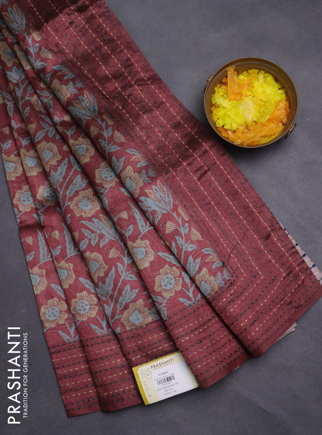 Semi tussar saree maroon with allover kalamkari prints and kantha stitch work border