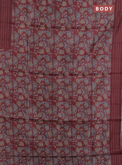 Semi tussar saree maroon with allover kalamkari prints and kantha stitch work border
