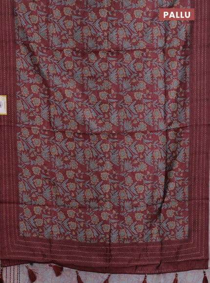 Semi tussar saree maroon with allover kalamkari prints and kantha stitch work border
