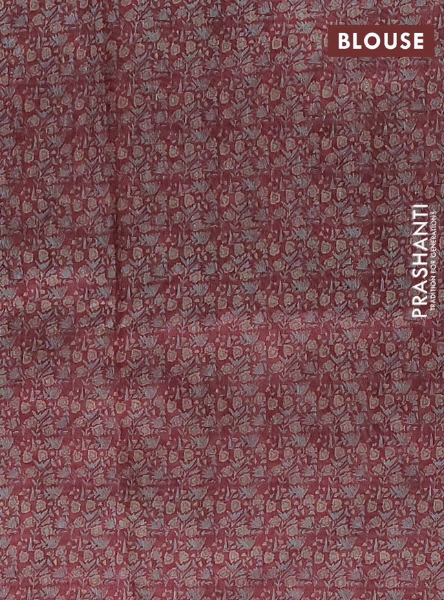 Semi tussar saree maroon with allover kalamkari prints and kantha stitch work border