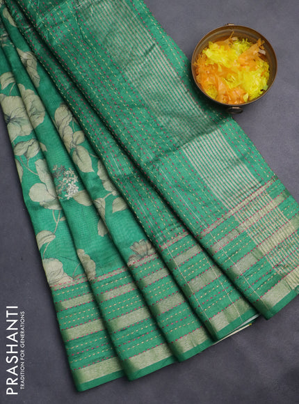Semi tussar saree green with allover floral prints and kantha stitch work border