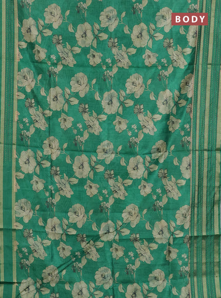Semi tussar saree green with allover floral prints and kantha stitch work border