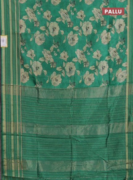 Semi tussar saree green with allover floral prints and kantha stitch work border