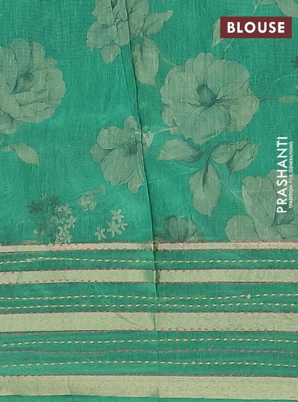 Semi tussar saree green with allover floral prints and kantha stitch work border