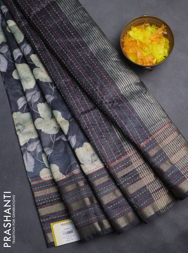 Semi tussar saree black with allover floral prints and kantha stitch work border