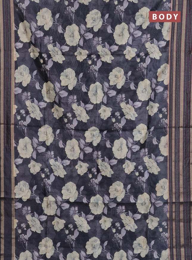 Semi tussar saree black with allover floral prints and kantha stitch work border