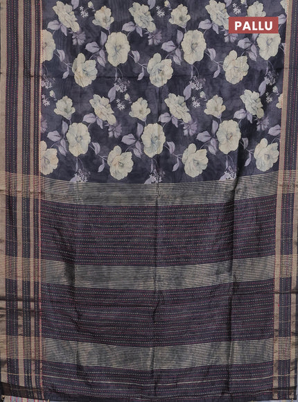 Semi tussar saree black with allover floral prints and kantha stitch work border