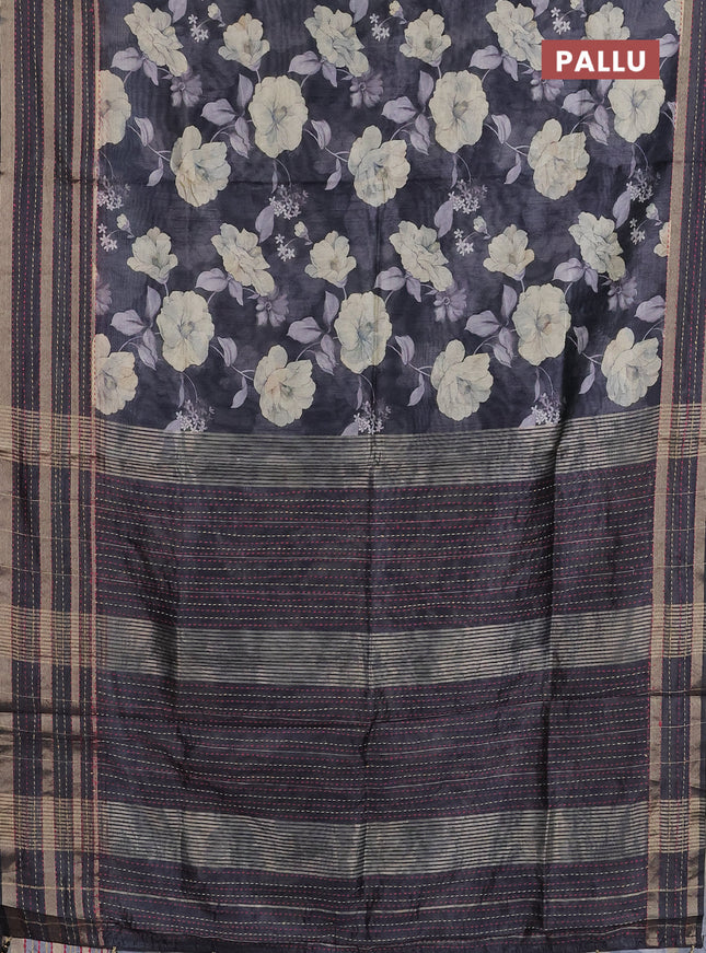 Semi tussar saree black with allover floral prints and kantha stitch work border