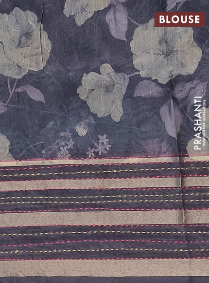 Semi tussar saree black with allover floral prints and kantha stitch work border