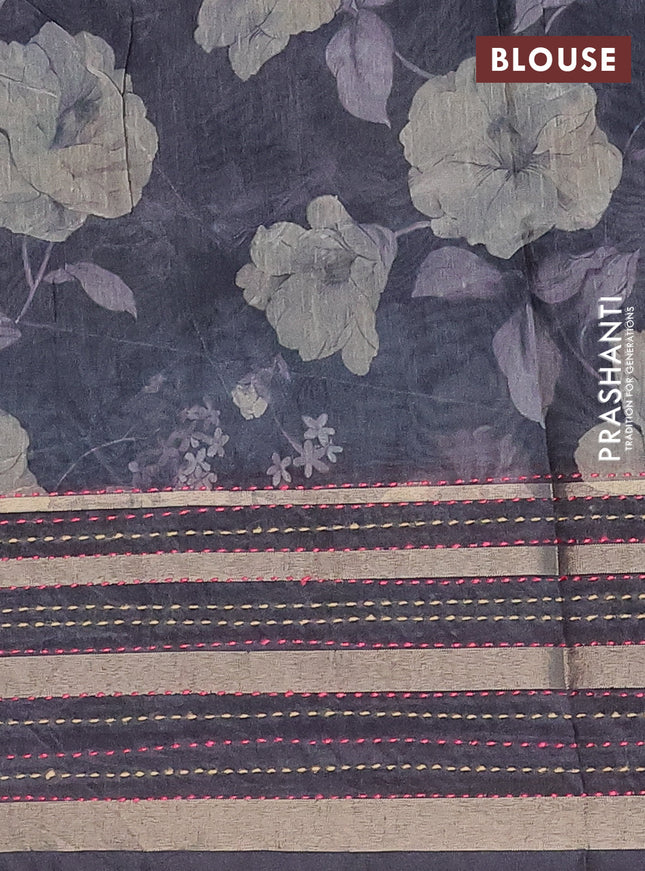 Semi tussar saree black with allover floral prints and kantha stitch work border