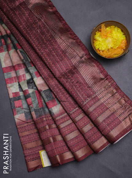 Semi tussar saree multi colour and maroon with allover geometrc prints and kantha stitch work border