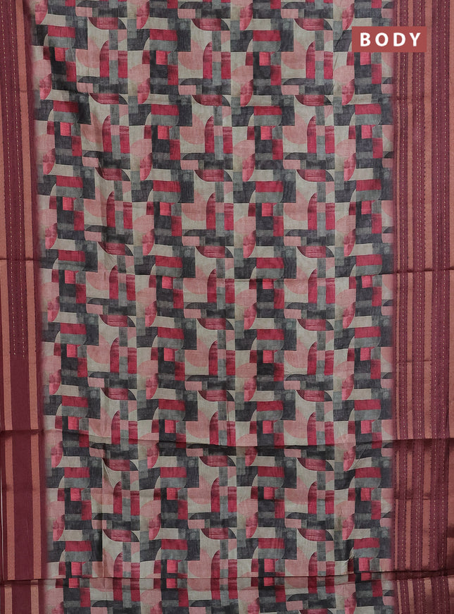 Semi tussar saree multi colour and maroon with allover geometrc prints and kantha stitch work border