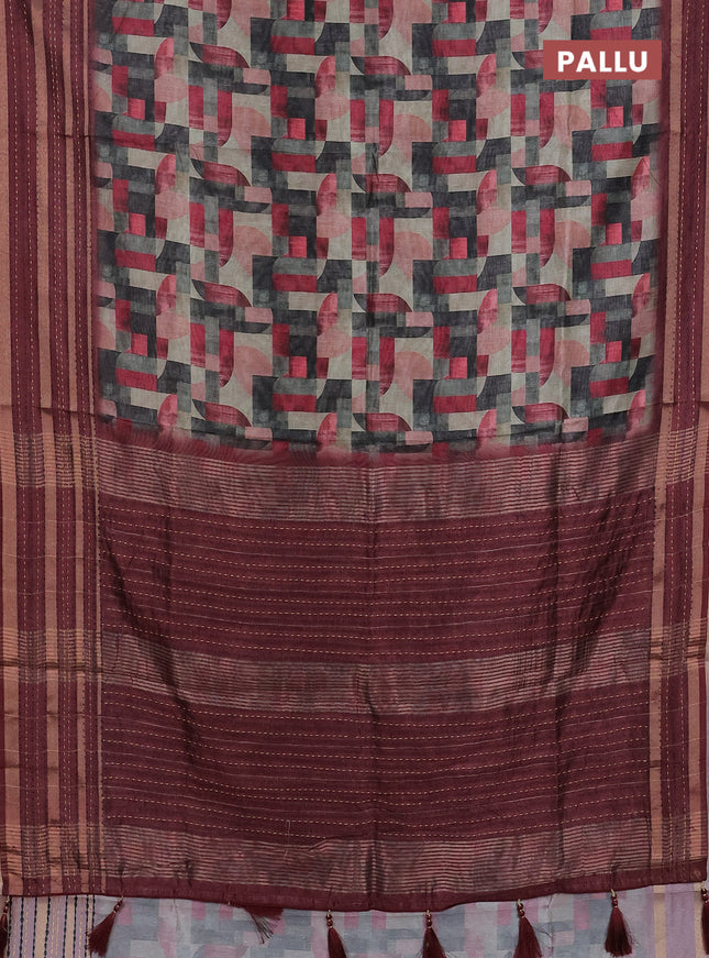 Semi tussar saree multi colour and maroon with allover geometrc prints and kantha stitch work border