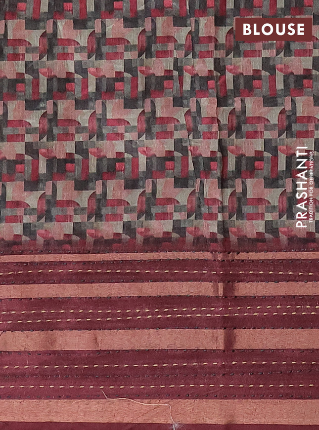 Semi tussar saree multi colour and maroon with allover geometrc prints and kantha stitch work border