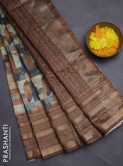 Semi tussar saree multi colour and brown with allover geometrc prints and kantha stitch work border