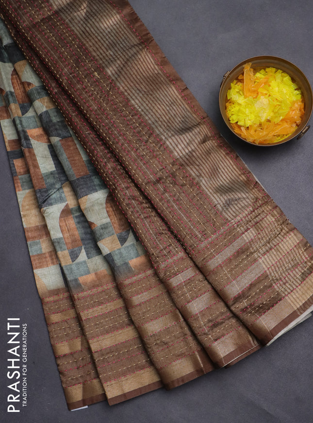 Semi tussar saree multi colour and brown with allover geometrc prints and kantha stitch work border